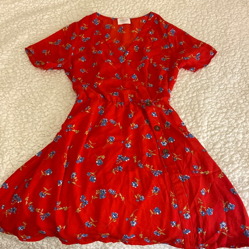Red floral V neck dress